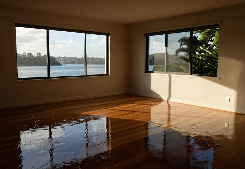 Water-damaged timber floor in a Middle Dural home before drying